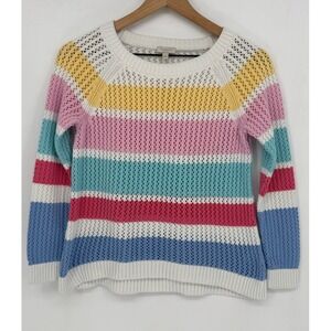 Talbots Sweater Women Small Petite Multi Color Striped Loose Knit Cotton Classic